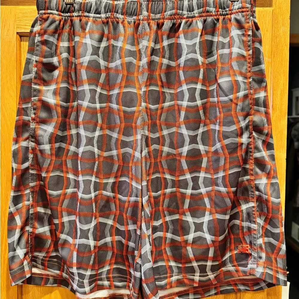 New Balance Men's Athletic Shorts in Gray and Orange Plaid